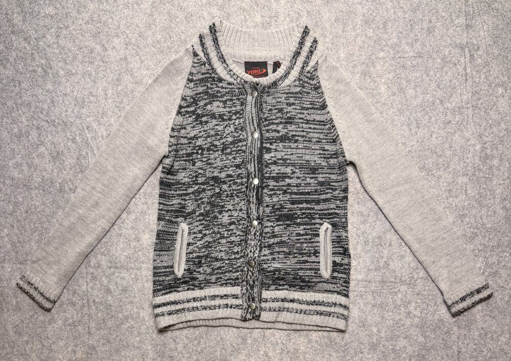 YOKI Mens M Gray Marled Varsity Snap Front Cardigan Sweater Raglan Pocket